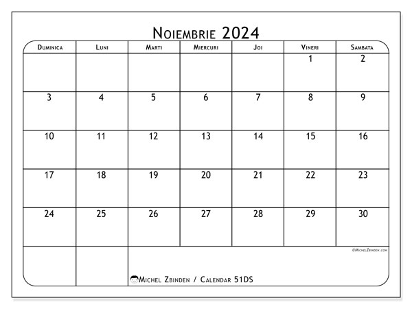 Calendar noiembrie 2024 “51”. Jurnal imprimabil gratuit.. Duminică până sâmbătă