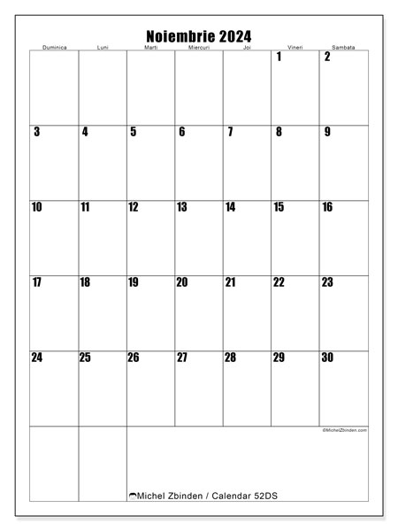 Calendar noiembrie 2024 “52”. Plan pentru imprimare gratuit.. Duminică până sâmbătă