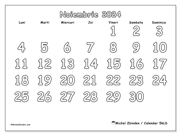 56LD, calendar noiembrie 2024, pentru tipar, gratuit.