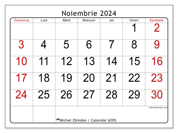 Calendar noiembrie 2024 “62”. Jurnal imprimabil gratuit.. Duminică până sâmbătă