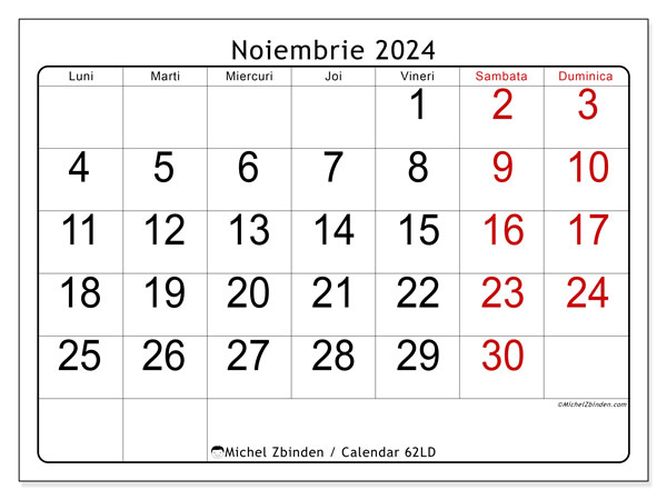 Calendar noiembrie 2024 “62”. Jurnal imprimabil gratuit.. Luni până duminică