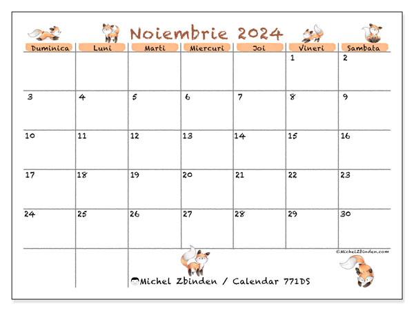 Calendar noiembrie 2024 “771”. Plan pentru imprimare gratuit.. Duminică până sâmbătă