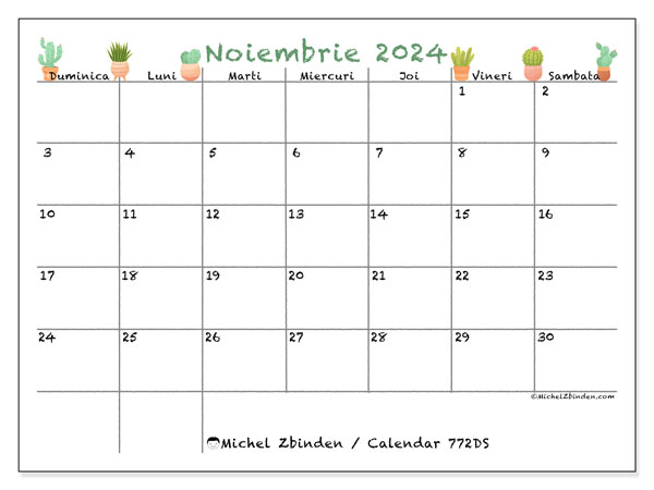 Calendar noiembrie 2024, 772DS. Plan pentru imprimare gratuit.