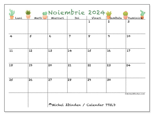 Calendar noiembrie 2024 “772”. Jurnal imprimabil gratuit.. Luni până duminică