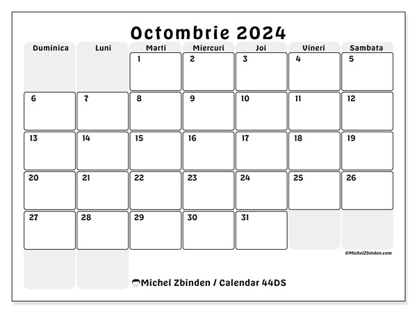 Calendar octombrie 2024 “44”. Jurnal imprimabil gratuit.. Duminică până sâmbătă