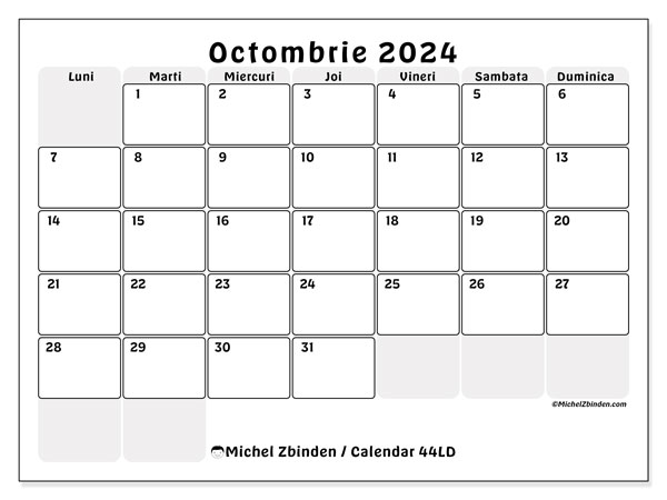 Calendar octombrie 2024 “44”. Jurnal imprimabil gratuit.. Luni până duminică