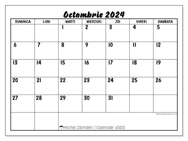 Calendar octombrie 2024, 45DS. Calendar pentru imprimare gratuit.