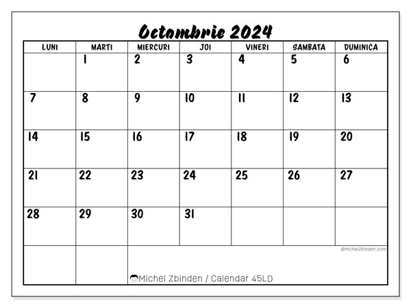 Calendar octombrie 2024 “45”. Jurnal imprimabil gratuit.. Luni până duminică