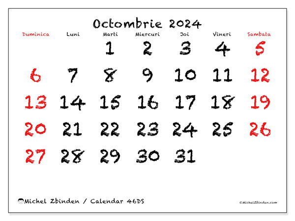Calendar octombrie 2024, 46DS. Calendar pentru imprimare gratuit.