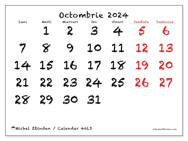 46LD, calendar octombrie 2024, pentru tipar, gratuit.