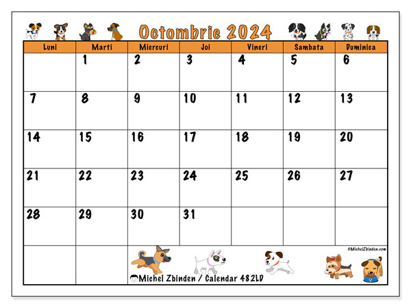 Calendar octombrie 2024 “482”. Plan pentru imprimare gratuit.. Luni până duminică