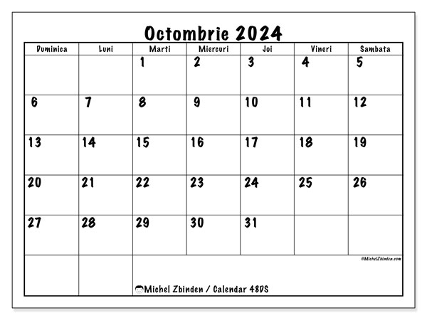 Calendar octombrie 2024 “48”. Plan pentru imprimare gratuit.. Duminică până sâmbătă