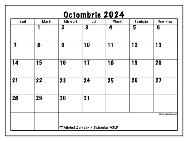 Calendar octombrie 2024, 48DS. Calendar pentru imprimare gratuit.
