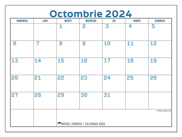 Calendar octombrie 2024 “49”. Jurnal imprimabil gratuit.. Duminică până sâmbătă