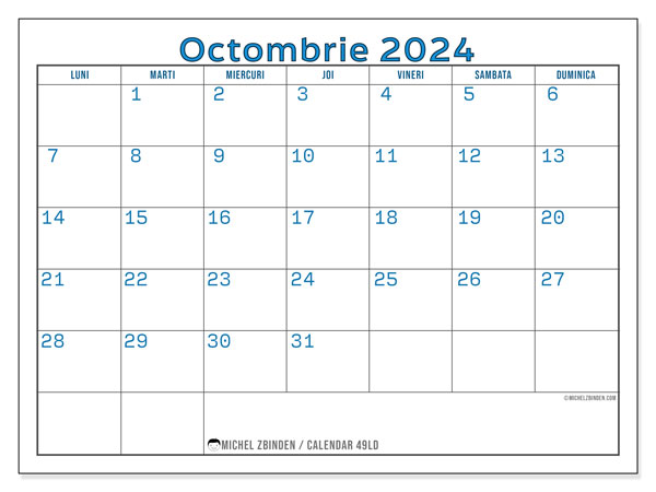 Calendar octombrie 2024 “49”. Jurnal imprimabil gratuit.. Luni până duminică
