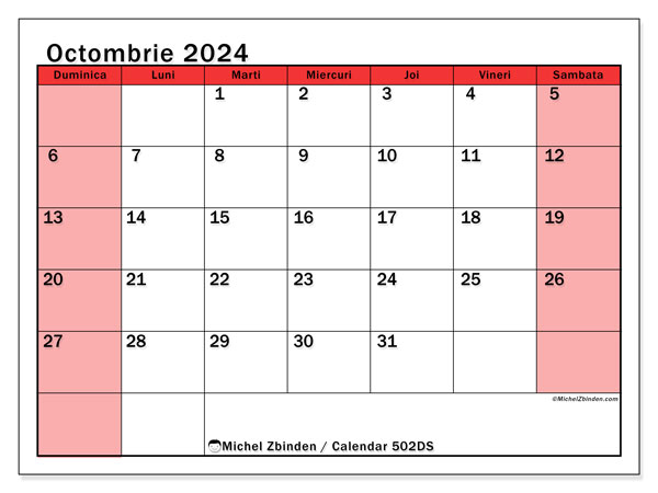 Calendar octombrie 2024, 502DS. Calendar pentru imprimare gratuit.