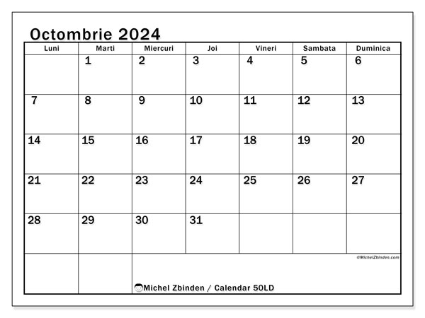 Calendar octombrie 2024, 50DS. Calendar pentru imprimare gratuit.
