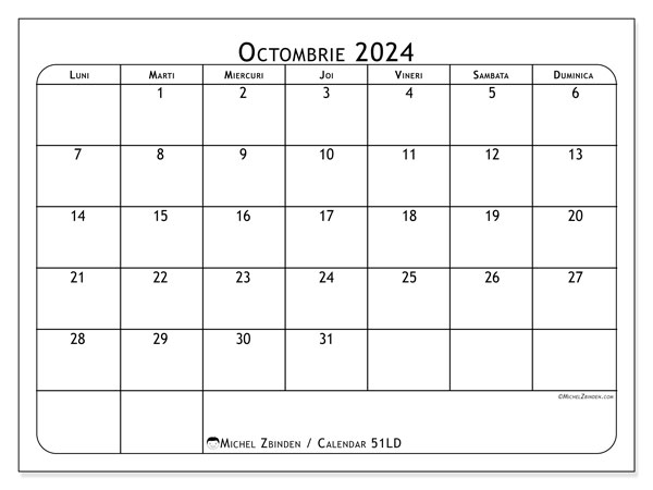 51LD, calendar octombrie 2024, pentru tipar, gratuit.