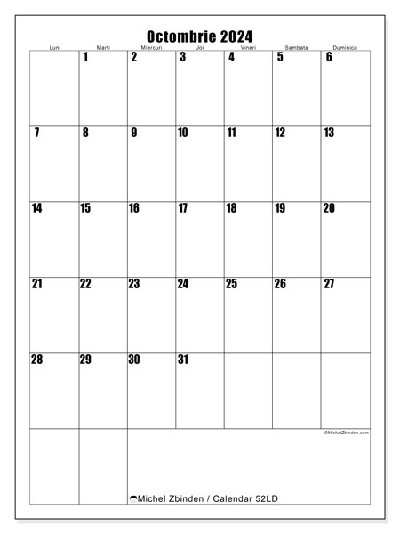 Calendar octombrie 2024, 52LD. Calendar pentru imprimare gratuit.