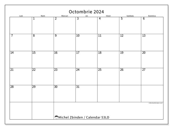 Calendar octombrie 2024, 53LD. Calendar pentru imprimare gratuit.
