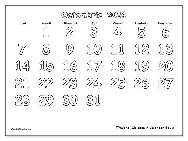 56LD, calendar octombrie 2024, pentru tipar, gratuit.
