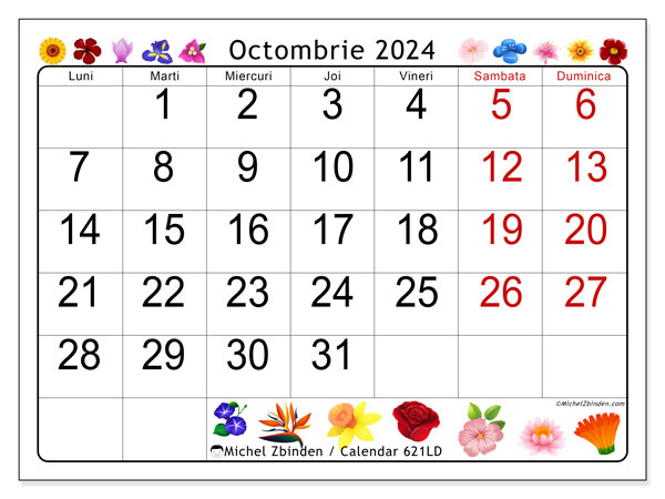 Calendar octombrie 2024 “621”. Plan pentru imprimare gratuit.. Luni până duminică
