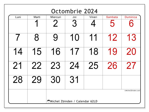 Calendar octombrie 2024, 62DS. Calendar pentru imprimare gratuit.