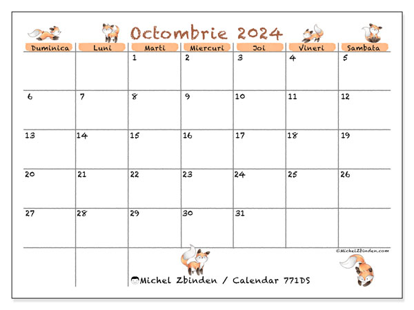 Calendar octombrie 2024 “771”. Program imprimabil gratuit.. Duminică până sâmbătă
