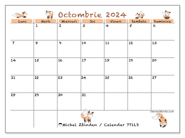 Calendar octombrie 2024 “771”. Program imprimabil gratuit.. Luni până duminică