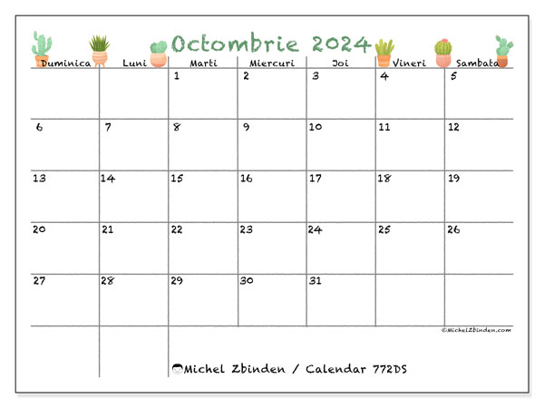 Calendar octombrie 2024 “772”. Program imprimabil gratuit.. Duminică până sâmbătă