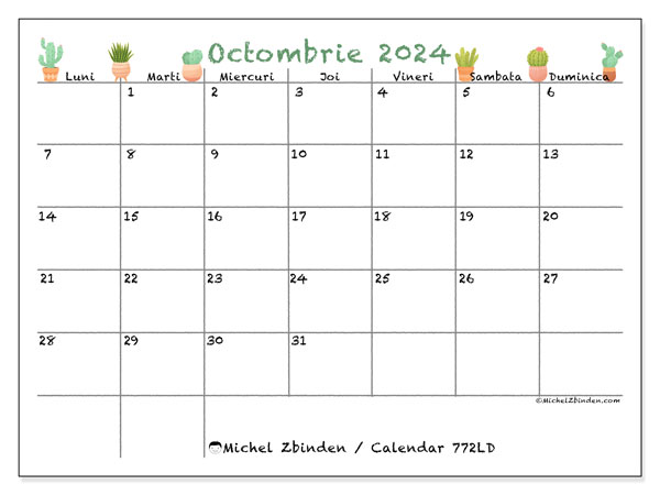 Calendar octombrie 2024 “772”. Program imprimabil gratuit.. Luni până duminică