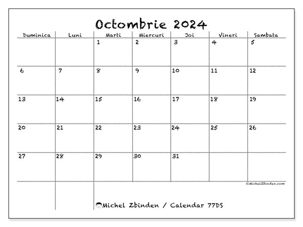 Calendar octombrie 2024 “77”. Plan pentru imprimare gratuit.. Duminică până sâmbătă