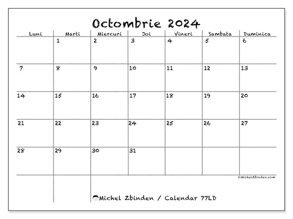 77LD, calendar octombrie 2024, pentru tipar, gratuit.
