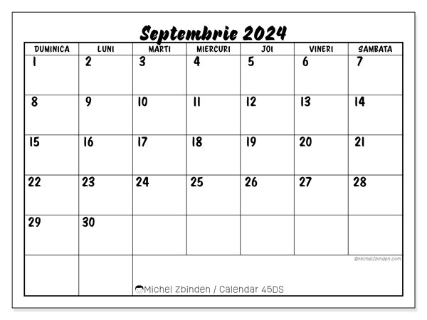 Calendar septembrie 2024 “45”. Program imprimabil gratuit.. Duminică până sâmbătă