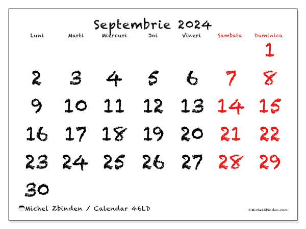 46LD, calendar septembrie 2024, pentru tipar, gratuit.