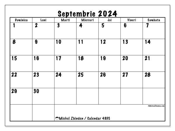 Calendar septembrie 2024, 48DS. Plan pentru imprimare gratuit.