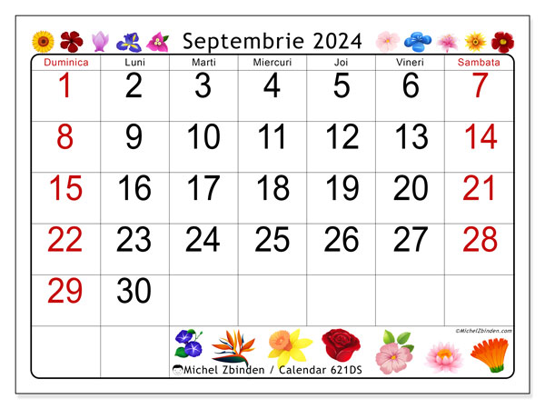 Calendar septembrie 2024 “621”. Plan pentru imprimare gratuit.. Duminică până sâmbătă