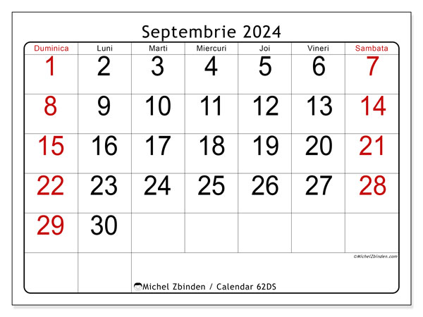 Calendar septembrie 2024 “62”. Jurnal imprimabil gratuit.. Duminică până sâmbătă