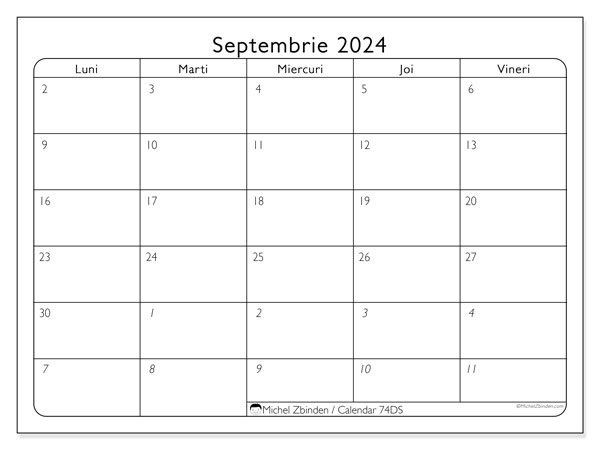 Calendar septembrie 2024, 74DS. Plan pentru imprimare gratuit.