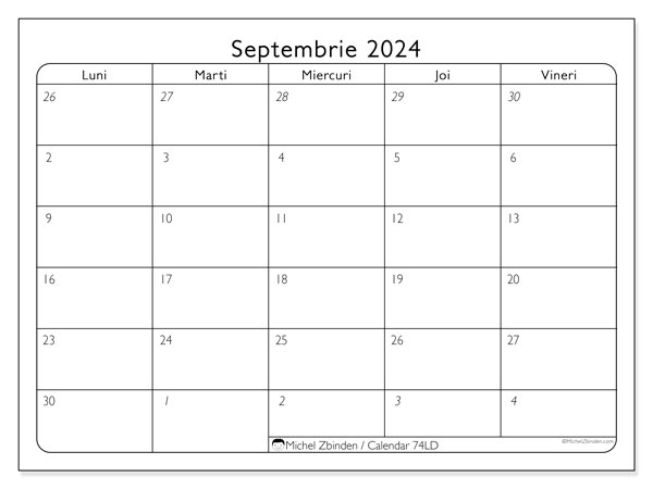 74LD, calendar septembrie 2024, pentru tipar, gratuit.