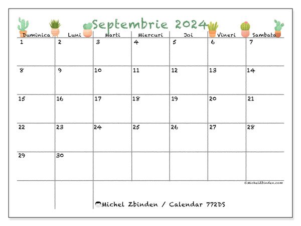 Calendar septembrie 2024 “772”. Program imprimabil gratuit.. Duminică până sâmbătă