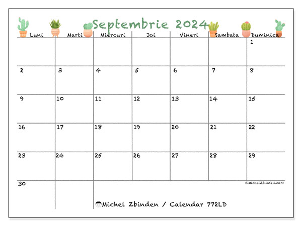 Calendar septembrie 2024 “772”. Program imprimabil gratuit.. Luni până duminică