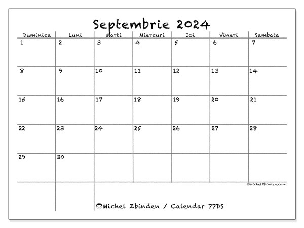 Calendar septembrie 2024 “77”. Plan pentru imprimare gratuit.. Duminică până sâmbătă