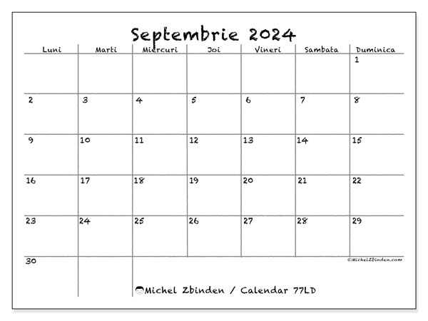 77LD, calendar septembrie 2024, pentru tipar, gratuit.