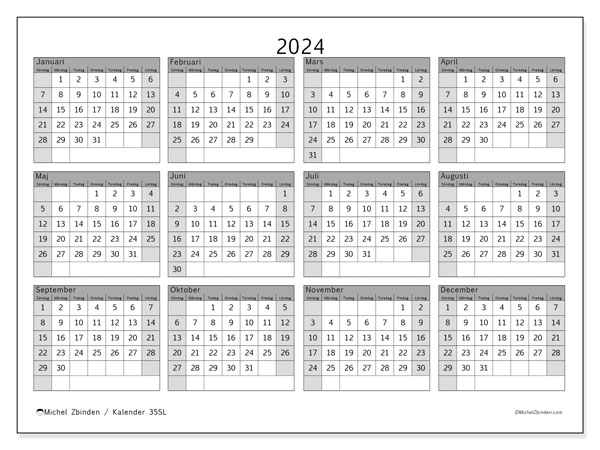 Årlig kalender 2024, 35SL. Schema för gratis utskrift.