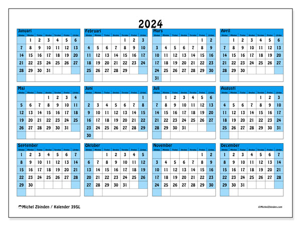 Kalender årlig 2024 “39”. Gratis karta som kan skrivas ut.. Söndag till lördag