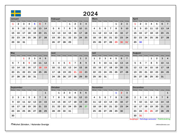 Calendario 2024, Suecia (SV). Horario para imprimir gratis.