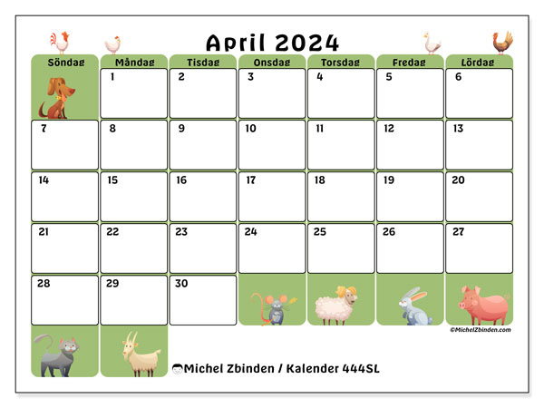 Kalender april 2024 “444”. Schema för gratis utskrift.. Söndag till lördag