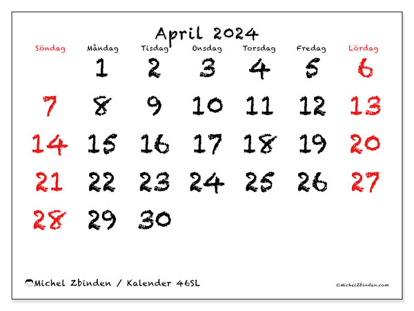 Kalender april 2024, 46SL. Gratis kalender som kan skrivas ut.