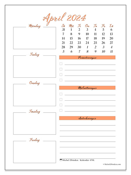 Kalender april 2024 “47”. Gratis kalender som kan skrivas ut.. Söndag till lördag
